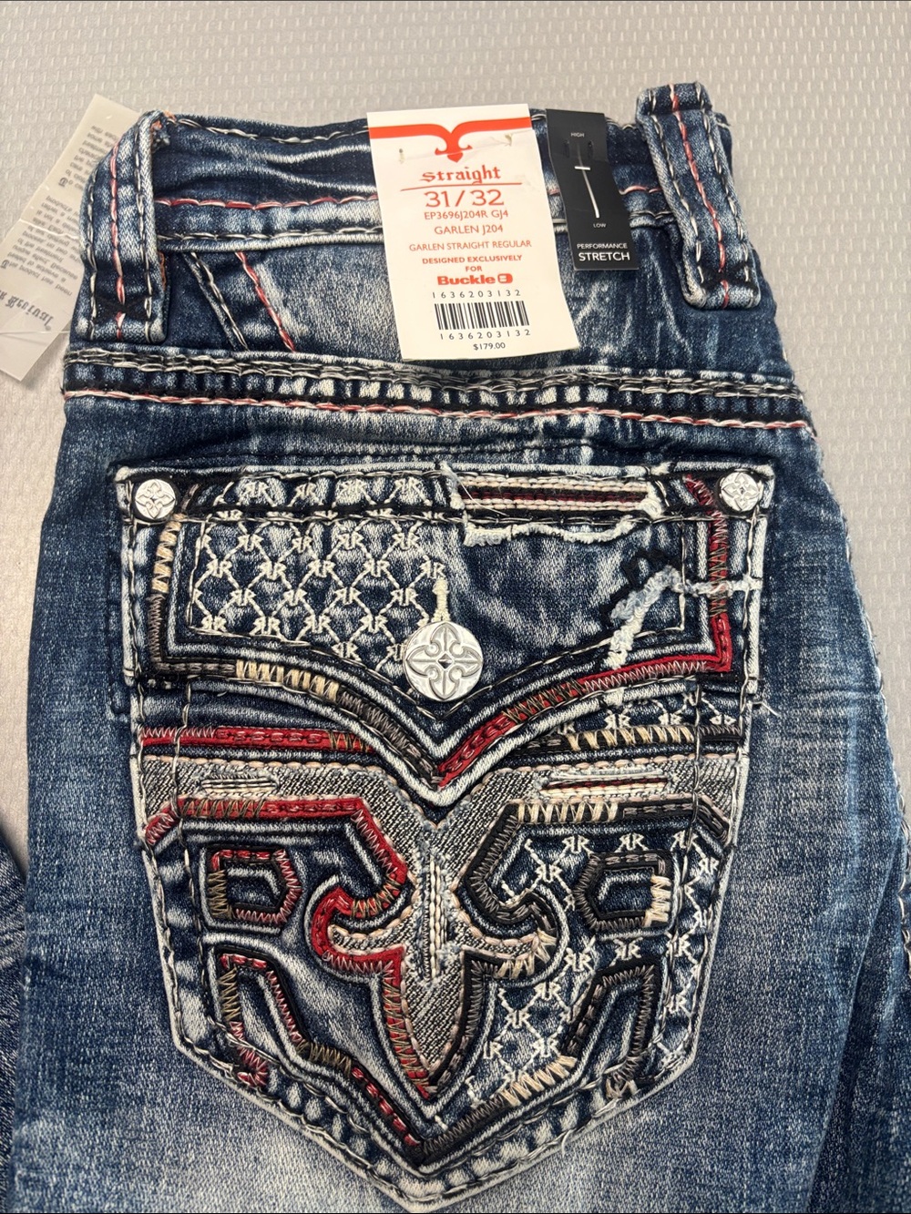 ✨Rock Revival men’s  Straight Jeans - Blue with Red & White Stitching NEW 31/32